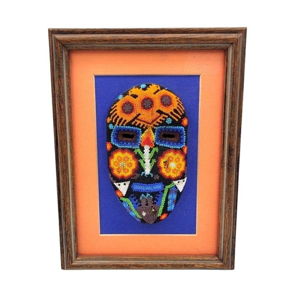 Mexican Huichol Hand Beaded Mask framed